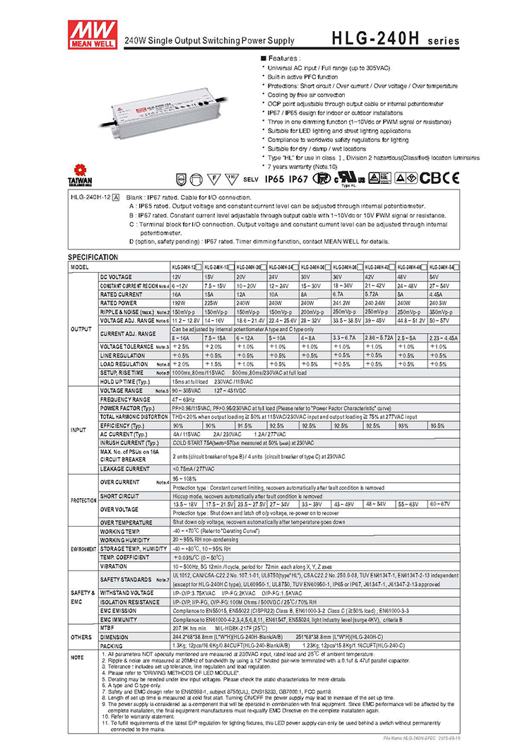 Meanwell waterproof 5v 12v 24v 240w led power supply